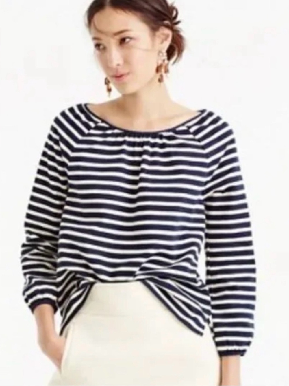 J.Crew Women’s Striped Boatneck long sleeve Top, Navy & White, M, 100% cotton